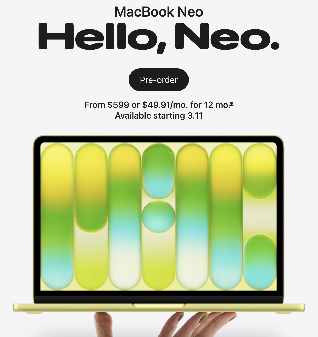 MacBook Neo top down view in pink and yellow